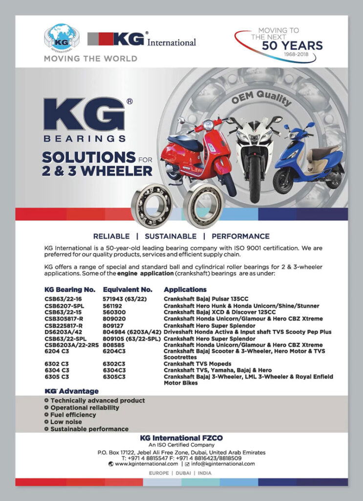 Ad showcasing bearing solutions for 2 and 3 wheelers